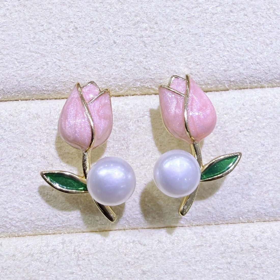 Pink Tulip Pearl Stud Earrings - Korean Style Enamel Floral Jewelry
