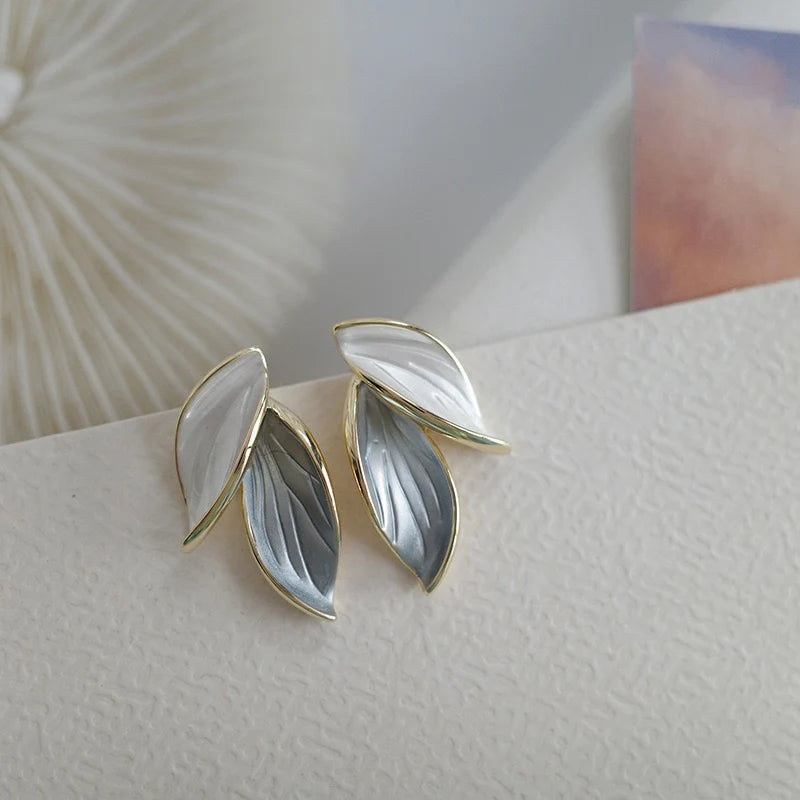 Dual-Tone Enamel Leaf Stud Earrings