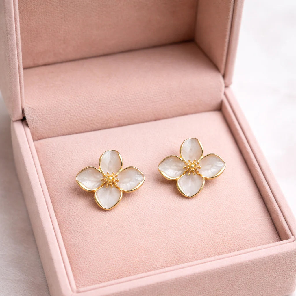 Cream Flower Stud Earrings - Elegant Four-Petal Floral Studs |