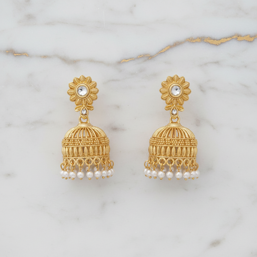 Traditional Gold Plated Pearl Jhumka Earrings for Women & Girls | Ethnic Antique Jhumki with White Stone Stud