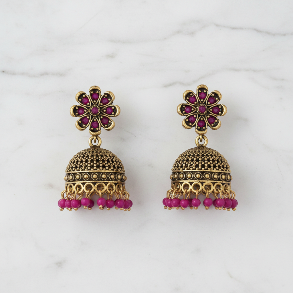 Traditional Gold Plated Jhumka Earrings for Women | Antique Floral Design with Pink Stones & Beads | Ethnic Party Wear Jewellery | Lightweight Designer Jhumki