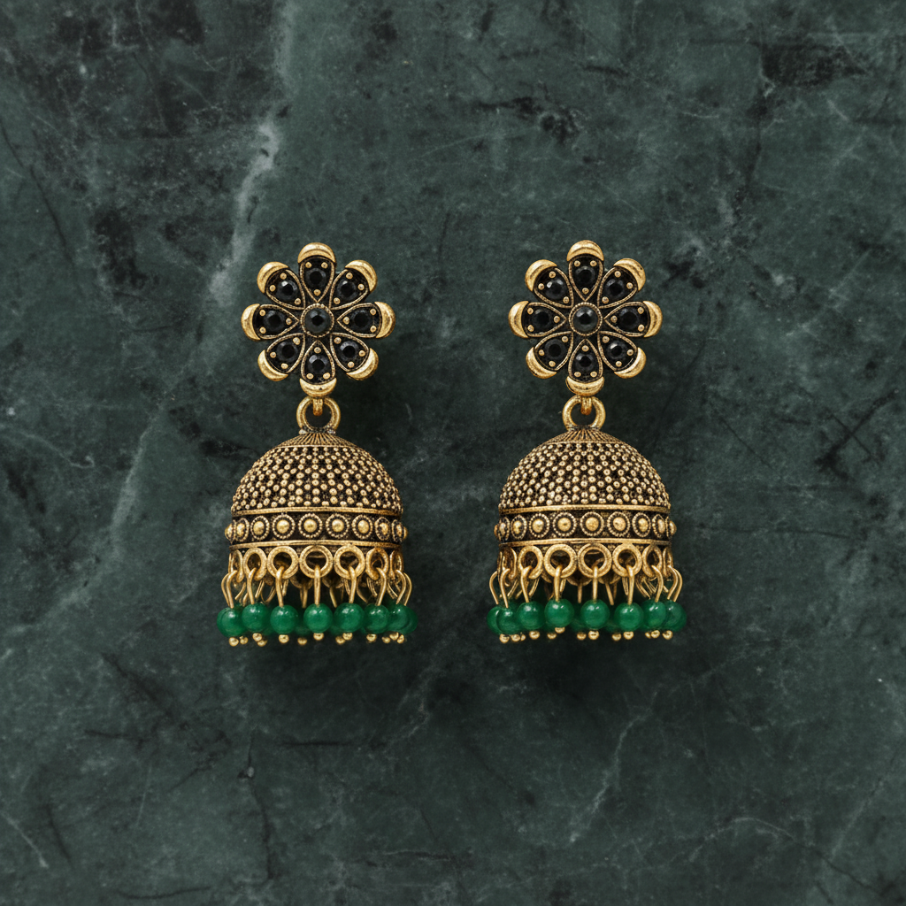 Traditional Gold Plated Green Stone Floral Jhumka Earrings for Women and Girls | Antique Ethnic Jhumki with Green Beads | Wedding & Festive Wear Jewelry