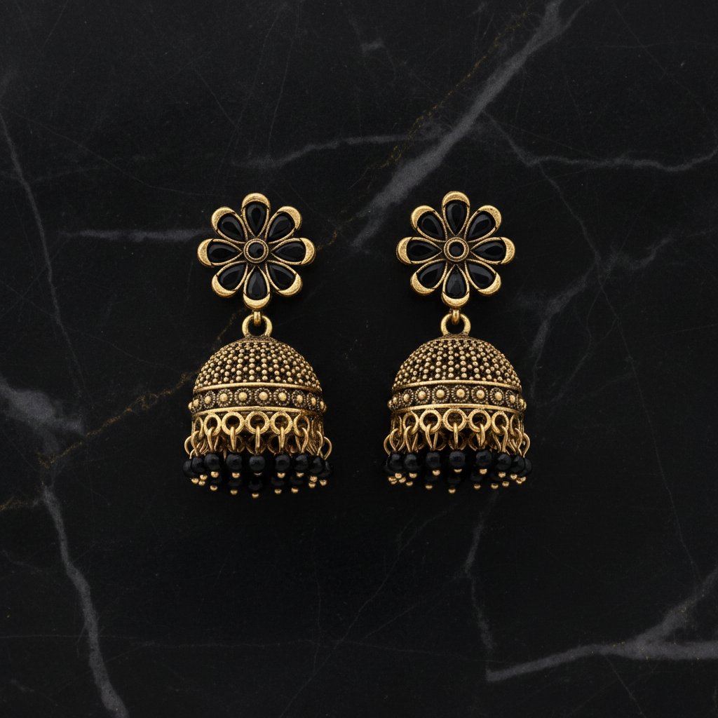 Traditional Gold Plated Floral Jhumka Earrings with Black Beads for Women & Girls | Ethnic Antique Jhumki Set