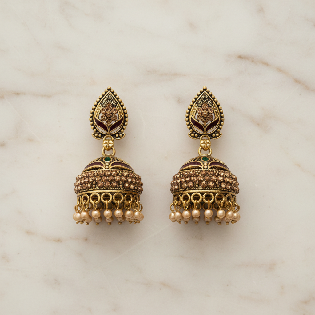 Premium Ethnic Gold-Plated Kundan Jhumka Earrings with Antique Floral Work and Pearl Drops for Women and Girls