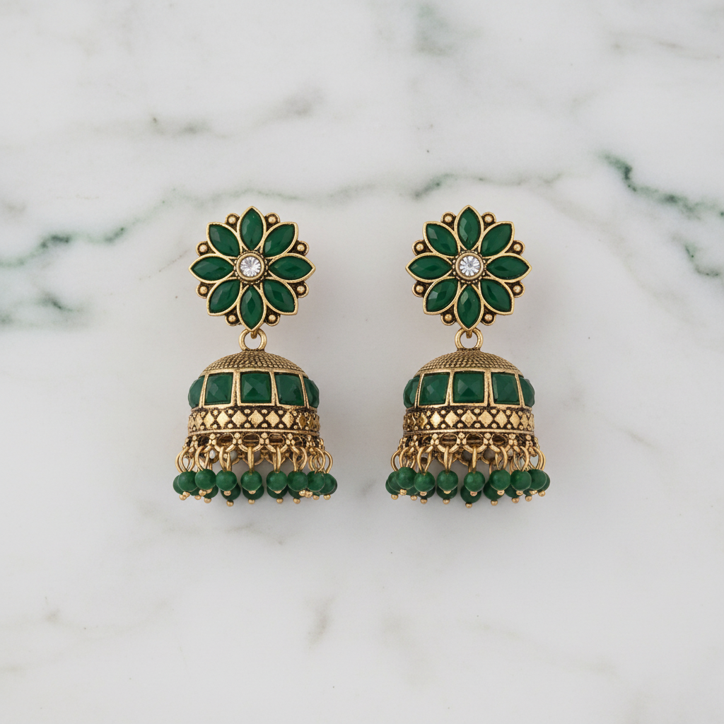 Green Stone Oxidised Jhumka Earrings for Women | Gold Plated Chandbali Style Chandelier Drops with Kundan Work | Ethnic Daily Wear Jewellery