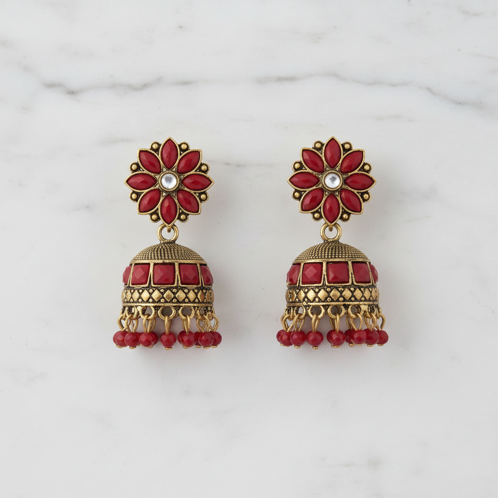 Antique Gold Traditional Red Floral Jhumka Earrings for Women and Girls | Ruby Red Stone Studded Ethnic Jhumki with Bead Drops | Perfect for Festive and Wedding Wear