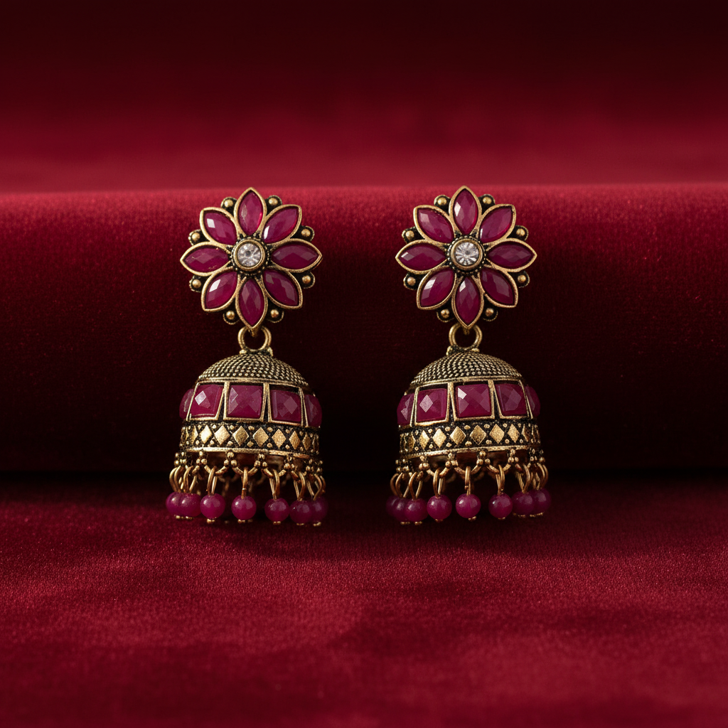 Traditional Gold-Oxidized Blue Stone Floral Jhumka Earrings for Women and Girls | Antique Ethnic Jhumki with Teal Blue Crystals and Bead Drops | Perfect for Festive and Wedding Wear
