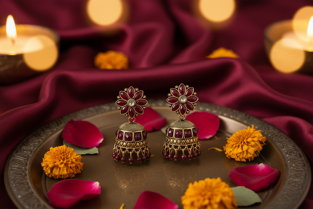 Antique Gold Traditional Floral Jhumka Earrings with Beads and Kundan-Style Crystals for Women and Girls | Ethnic Boho Jhumki with Ruby-Red Stones for Wedding and Festive Wear