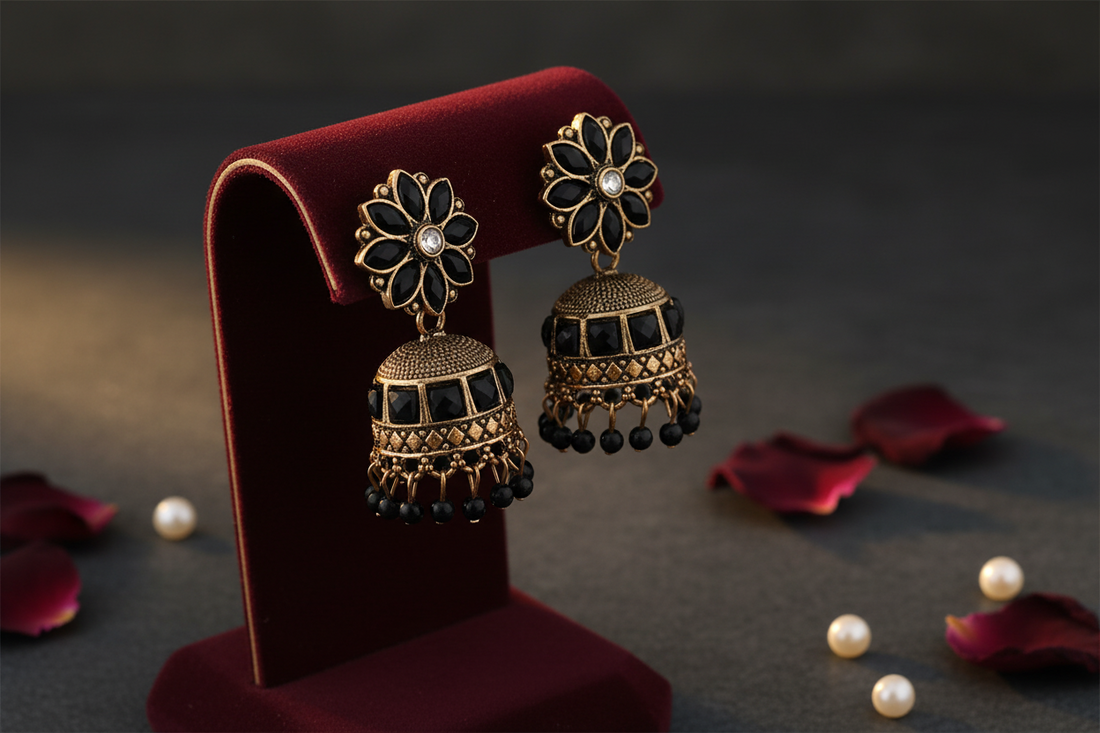 Zaveri Pearls Gold-Toned & Black Floral Jhumka Earrings for Women & Girls -Traditional Antique Ethnic Jewellery